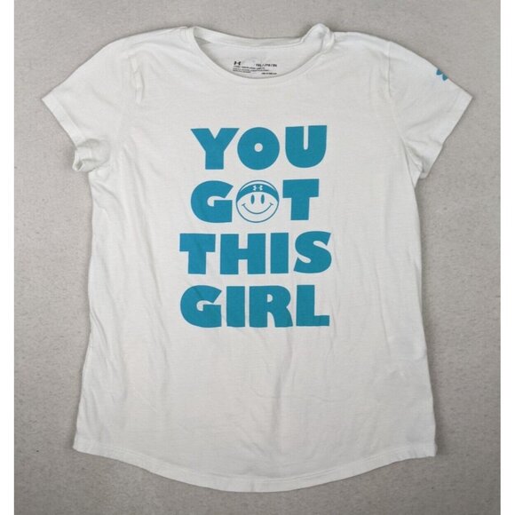 YOU GOT THIS GIRL - UNDER ARMOUR - GILR'S WHITE & BLUE SHORT SLEEVE T-SHIRT - XL - Picture 1 of 7